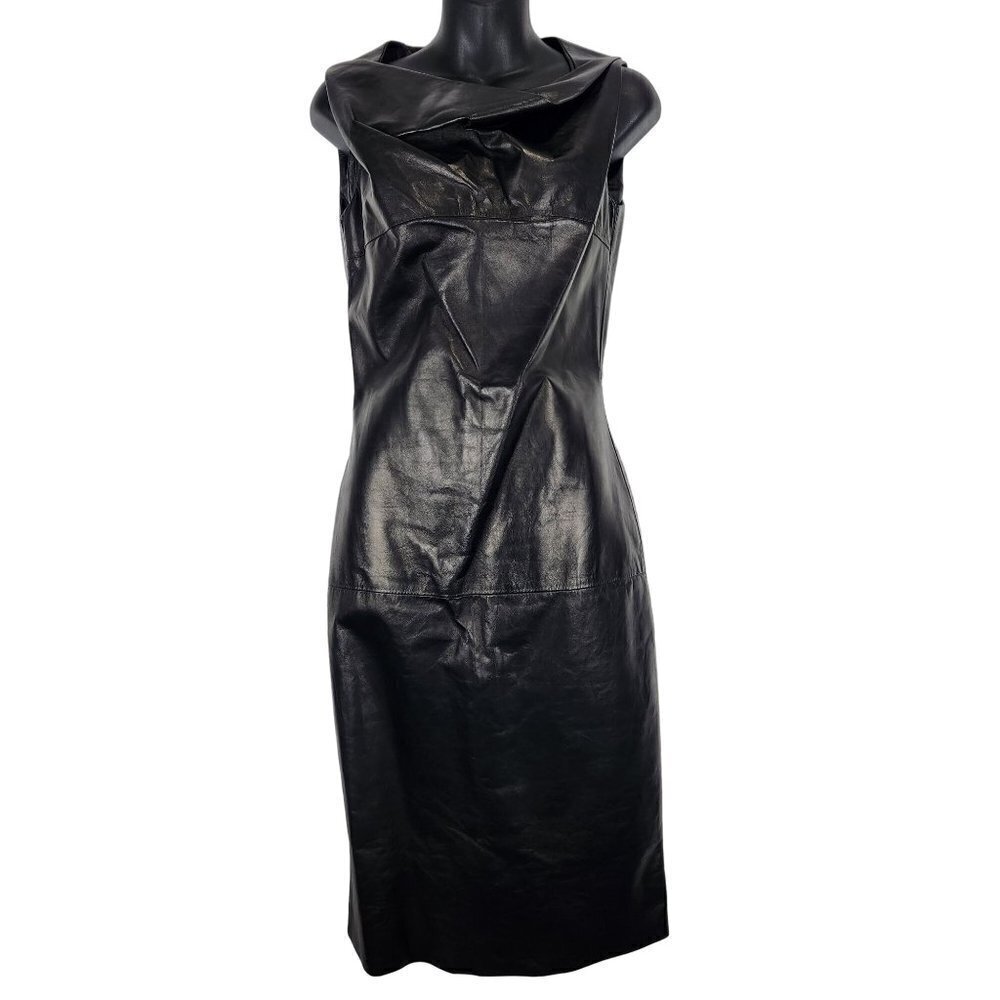 Calvin Klein Collection Ryan Leather Midi Sheath Dress‎ 6 Black Drape Neck NWT